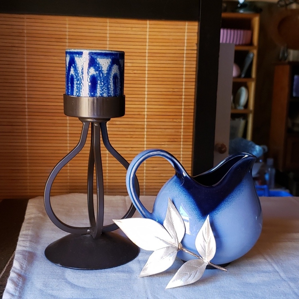 Salt Glazed Votive Plus Blue Mini Pitcher